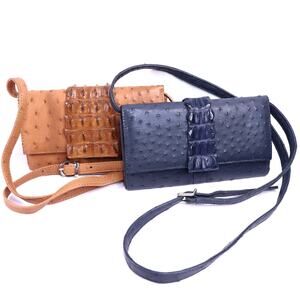 KAROO Classics Bundle of 2 Ostrich Leather Croc Shin Crossbody Bag Blue and Tan